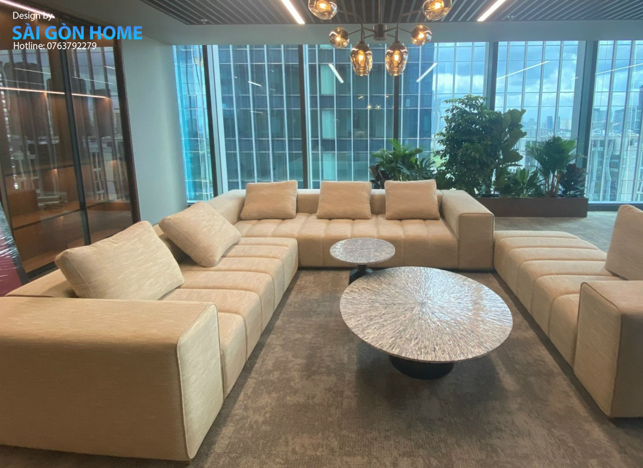 Sofa thiết kế rộng rãi sang trọng với màu mâu làm không gian trở nên hài hòa