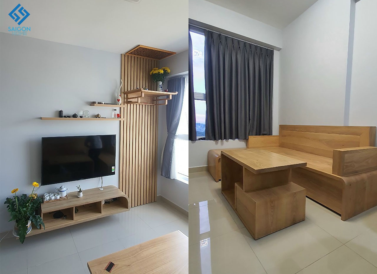 Thiết kế nội thất phòng khách đơn giản với tone ấm