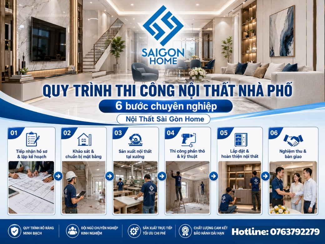Báo giá thi công nội thất nhà phố trọn gói MỚI NHẤT 2026 Quy trình thi công nội thất nhà phố tại Nội Thất Sài Gòn Home