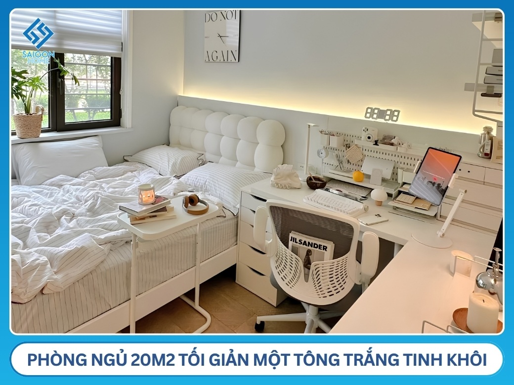 47+ mẫu thiết kế nội thất phòng ngủ 20m2 TIỆN NGHI Phòng ngủ 20m2 tối giản một tông trắng tinh khôi