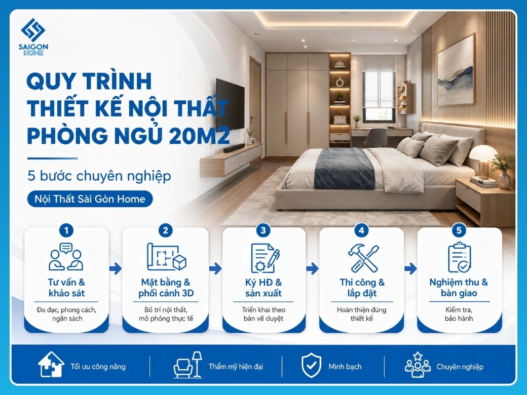 47+ mẫu thiết kế nội thất phòng ngủ 20m2 TIỆN NGHI Quy trình 5 bước thiết kế nội thất phòng ngủ 20m2 tại Nội Thất Sài Gòn Home