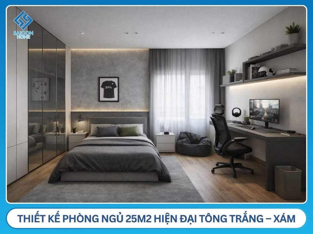 Thiết kế phòng ngủ 25m2 hiện đại tông trắng – xám