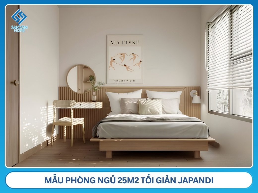 Mẫu phòng ngủ 25m2 tối giản Japandi