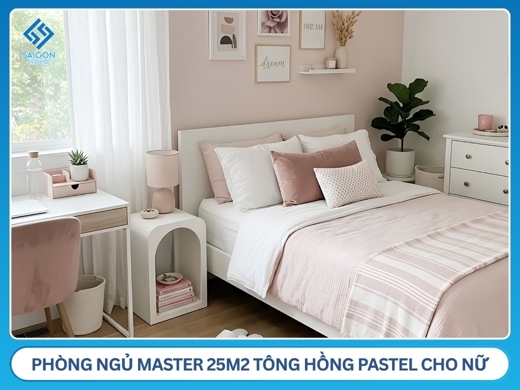 Mẫu phòng ngủ master 25m2 tông hồng pastel cho nữ
