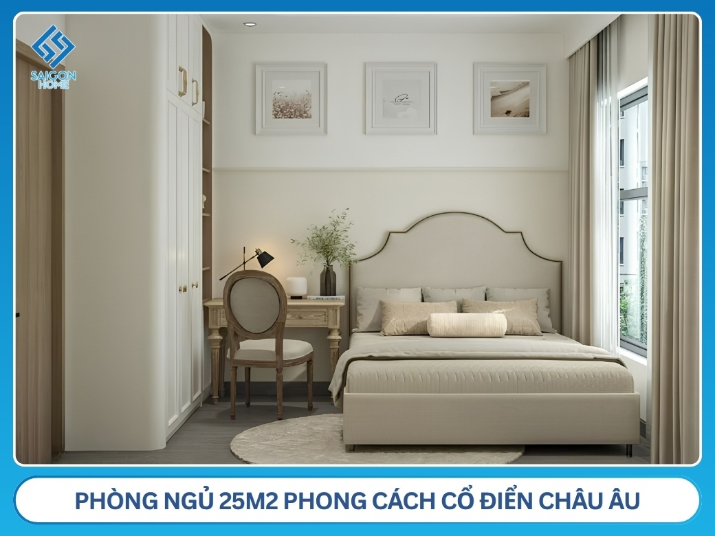 Phòng ngủ 25m2 phong cách cổ điển Châu Âu
