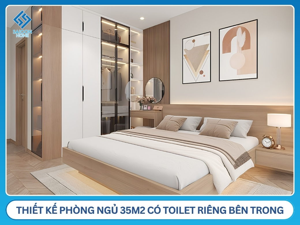 56+ mẫu thiết kế nội thất phòng ngủ 35m2 đẹp SANG TRỌNG Thiết kế phòng ngủ 35m2 có toilet riêng bên trong