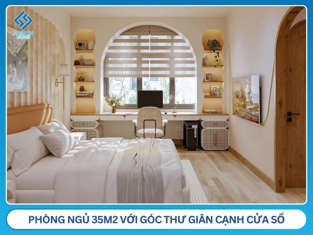56+ mẫu thiết kế nội thất phòng ngủ 35m2 đẹp SANG TRỌNG Nội thất phòng ngủ 35m2 với góc thư giãn cạnh cửa sổ
