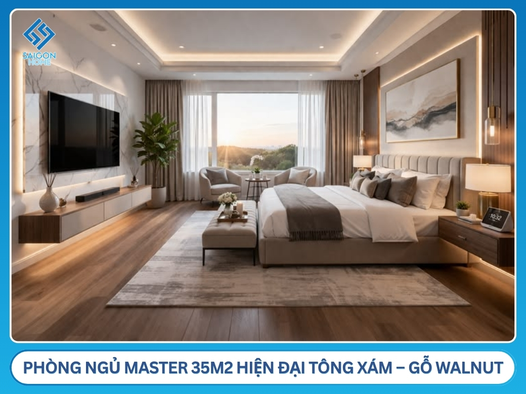 56+ mẫu thiết kế nội thất phòng ngủ 35m2 đẹp SANG TRỌNG Mẫu phòng ngủ master 35m2 hiện đại tông xám – gỗ walnut