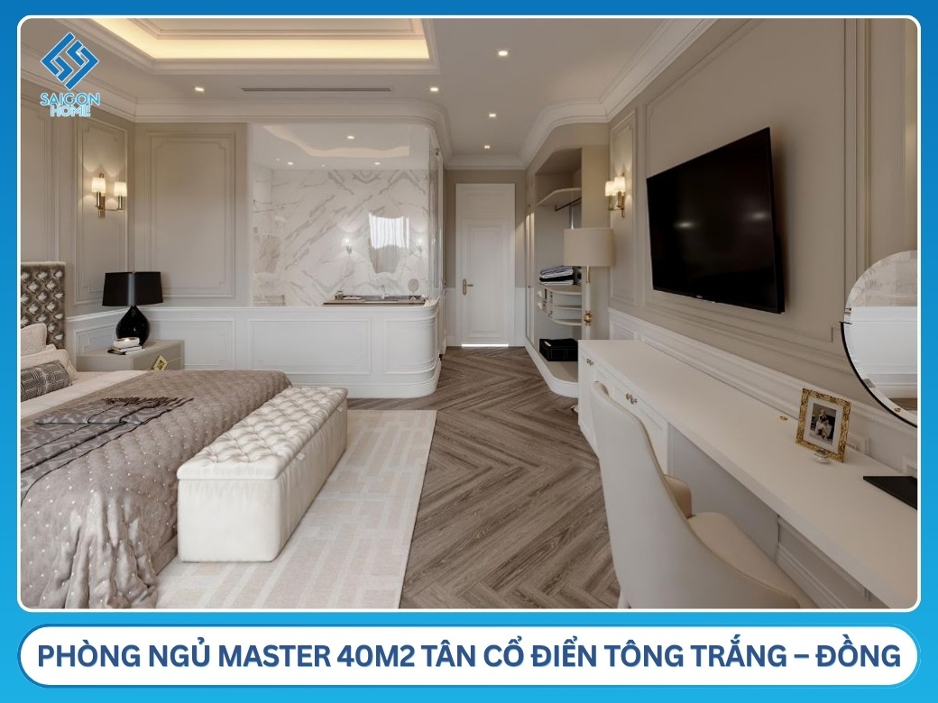 32+ mẫu thiết kế nội thất phòng ngủ 40m2 đẹp MÊ LY Mẫu phòng ngủ master 40m2 tân cổ điển tông trắng – đồng