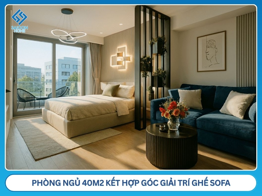32+ mẫu thiết kế nội thất phòng ngủ 40m2 đẹp MÊ LY Phòng ngủ 40m2 kết hợp góc giải trí ghế sofa