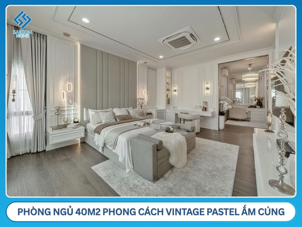 32+ mẫu thiết kế nội thất phòng ngủ 40m2 đẹp MÊ LY Phòng ngủ 40m2 phong cách Vintage pastel ấm cúng