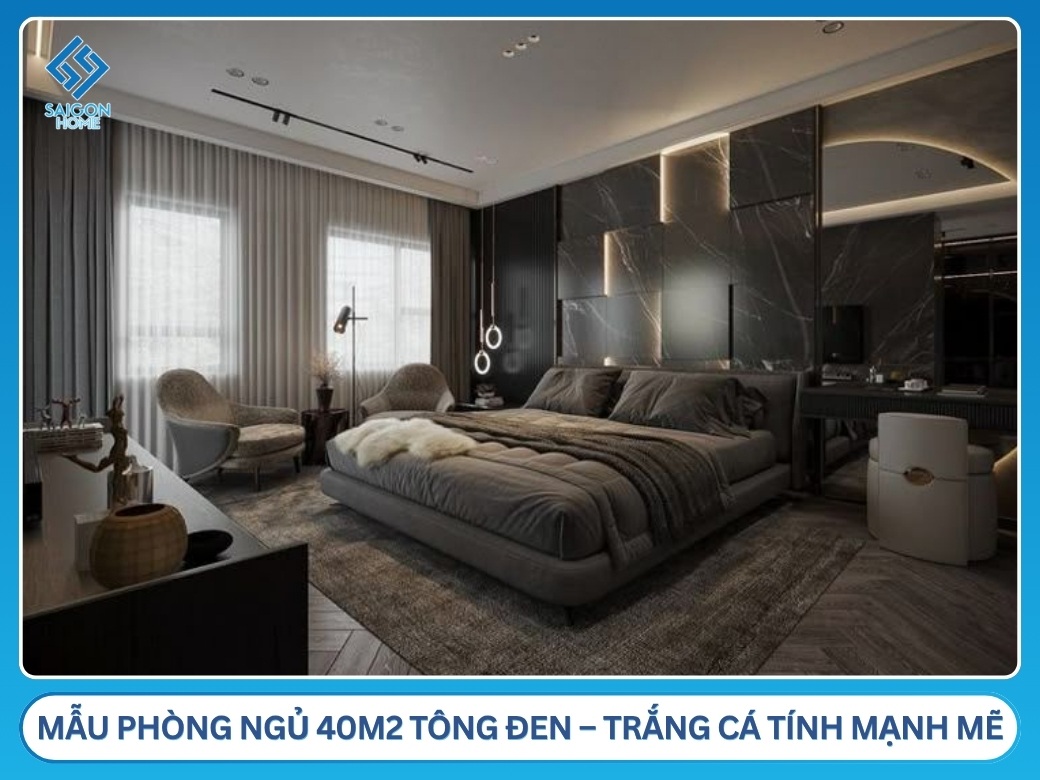 32+ mẫu thiết kế nội thất phòng ngủ 40m2 đẹp MÊ LY Mẫu phòng ngủ 40m2 tông đen – trắng cá tính mạnh mẽ