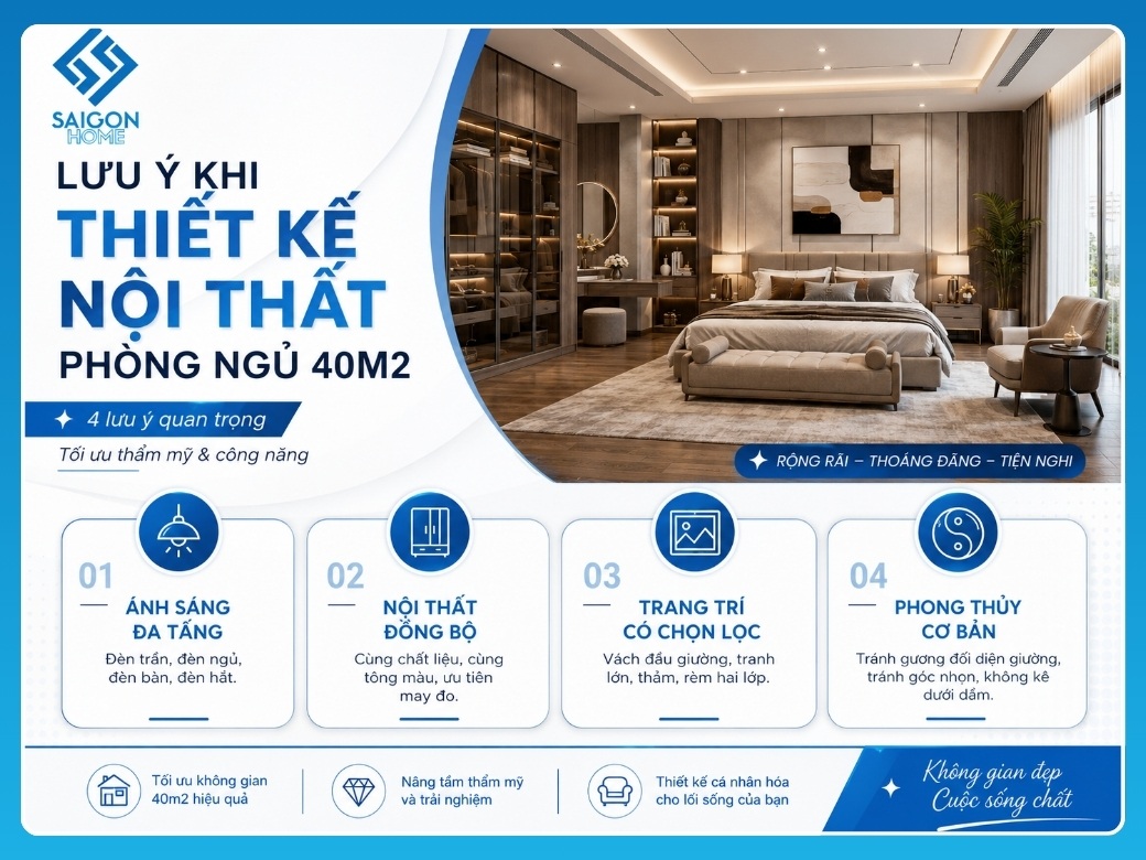 32+ mẫu thiết kế nội thất phòng ngủ 40m2 đẹp MÊ LY lưu ý quan trọng khi thiết kế nội thất phòng ngủ 40m2