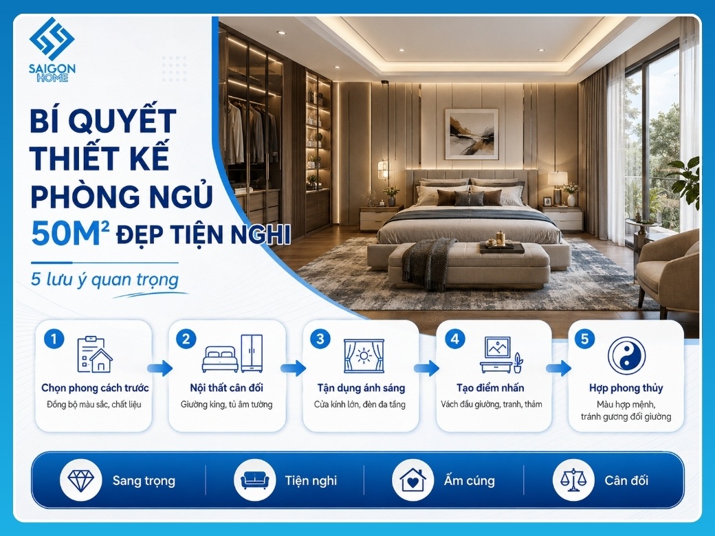 Bí quyết thiết kế phòng ngủ 50m2 đẹp tiện nghi