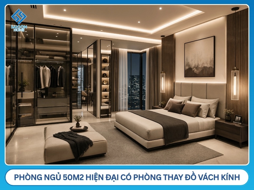 Thiết kế phòng ngủ 50m2 hiện đại có phòng thay đồ vách kính