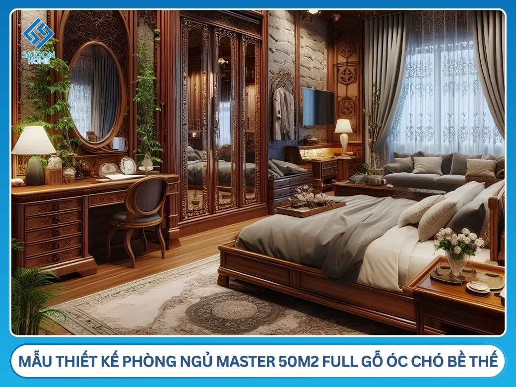 Mẫu thiết kế phòng ngủ master 50m2 full gỗ óc chó bề thế