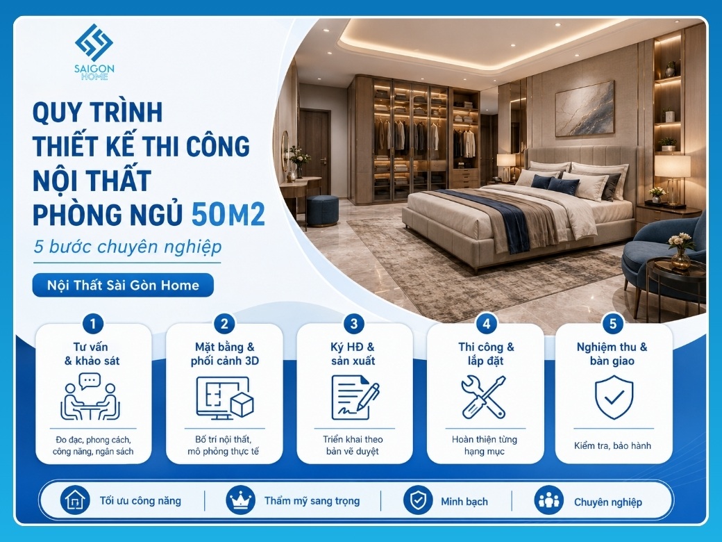 Quy trình thiết kế thi công nội thất phòng ngủ 50m2 tại Sài Gòn Home