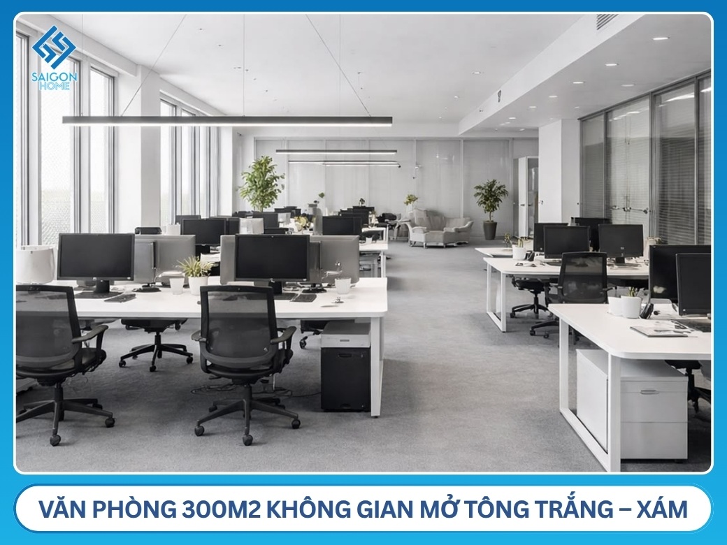 34+ mẫu thiết kế văn phòng 300m2 đẹp HIỆN ĐẠI Thiết kế văn phòng 300m2 không gian mở tông trắng – xám