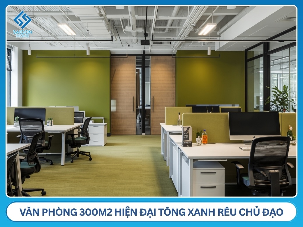 34+ mẫu thiết kế văn phòng 300m2 đẹp HIỆN ĐẠI Thiết kế văn phòng 300m2 hiện đại tông xanh rêu chủ đạo