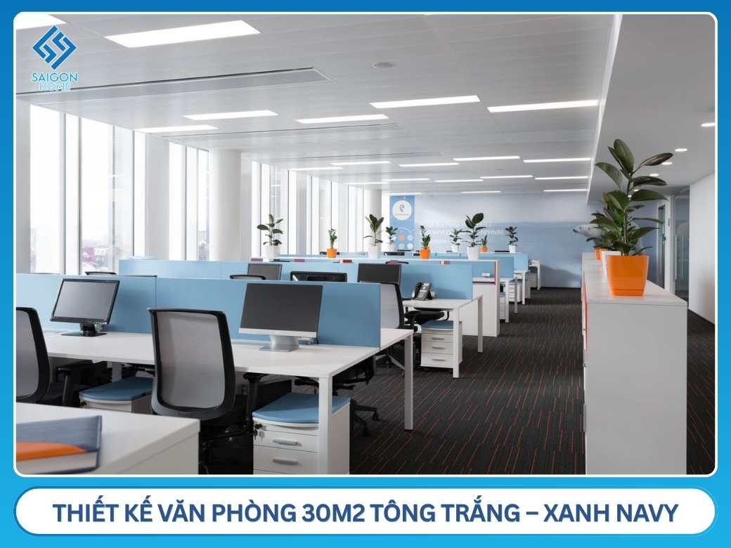 25+ mẫu thiết kế văn phòng 30m2 hiện đại CHUYÊN NGHIỆP Thiết kế văn phòng 30m2 tông trắng – xanh navy