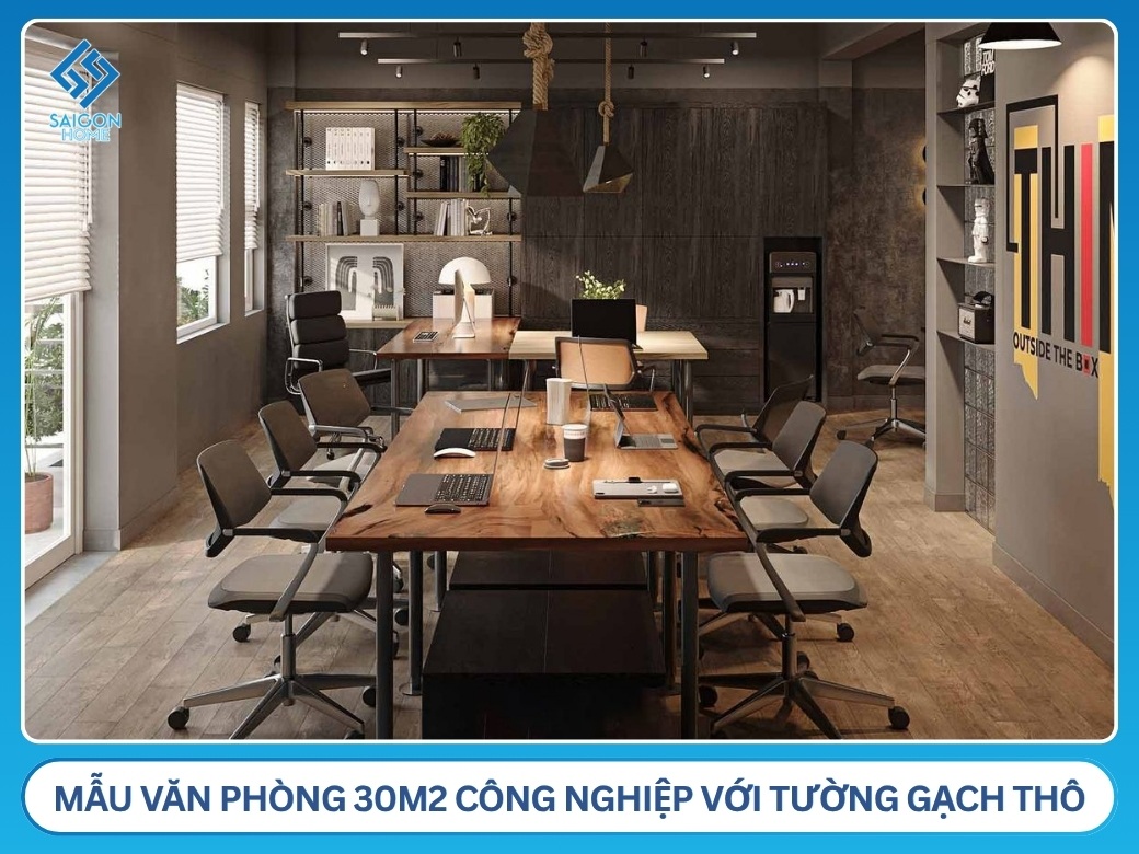 25+ mẫu thiết kế văn phòng 30m2 hiện đại CHUYÊN NGHIỆP Mẫu văn phòng 30m2 công nghiệp với tường gạch thô