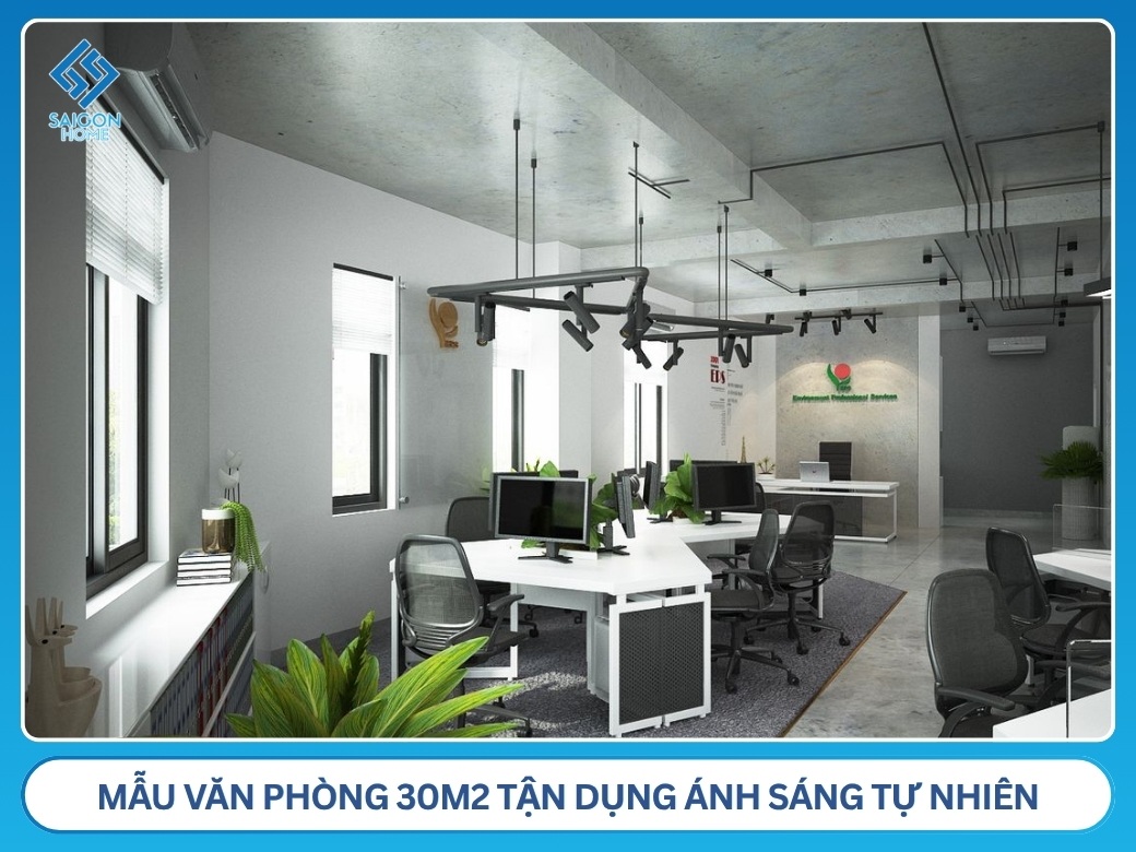 25+ mẫu thiết kế văn phòng 30m2 hiện đại CHUYÊN NGHIỆP Mẫu văn phòng 30m2 tận dụng ánh sáng tự nhiên