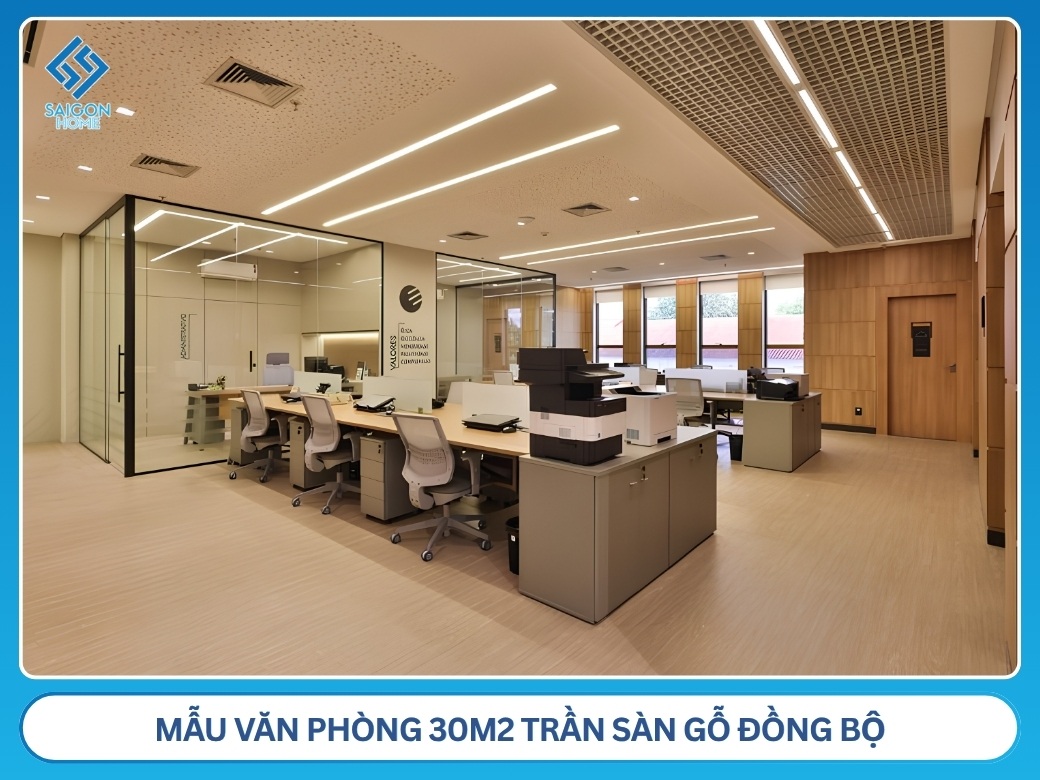 25+ mẫu thiết kế văn phòng 30m2 hiện đại CHUYÊN NGHIỆP Mẫu văn phòng 30m2 trần sàn gỗ đồng bộ
