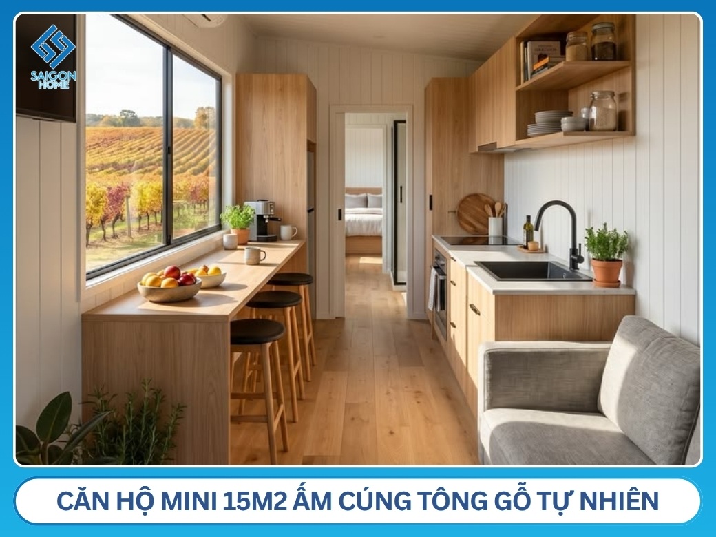 Căn hộ mini 15m2 ấm cúng tông gỗ tự nhiên