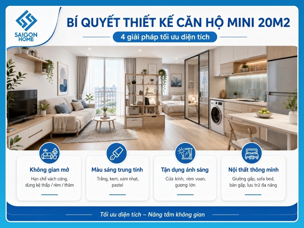 Bí quyết thiết kế căn hộ mini 20m2 đẹp tối ưu diện tích