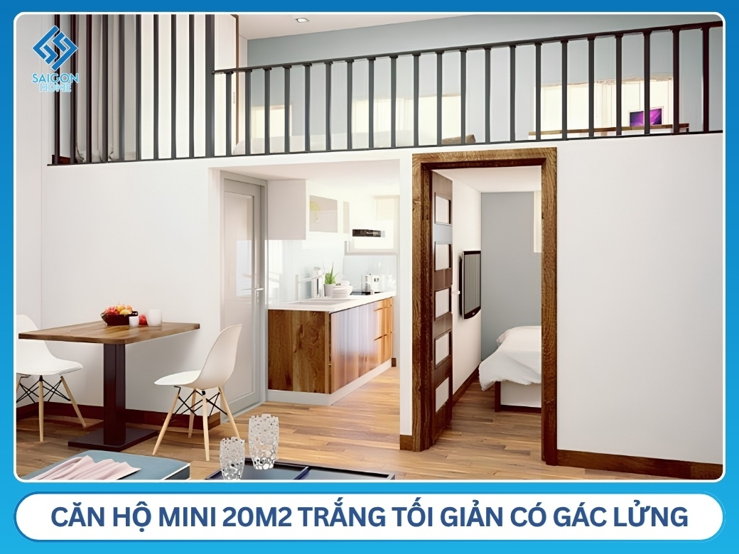 Căn hộ mini 20m2 trắng tối giản có gác lửng