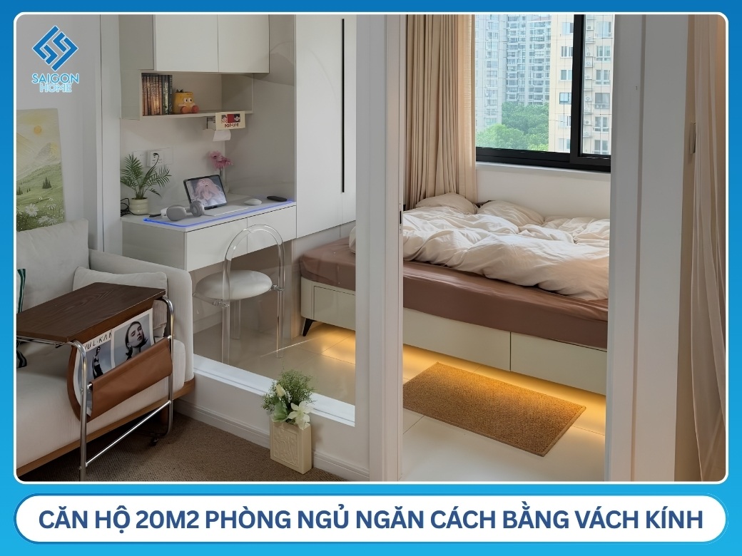 Căn hộ 20m2 phòng ngủ ngăn cách bằng vách kính