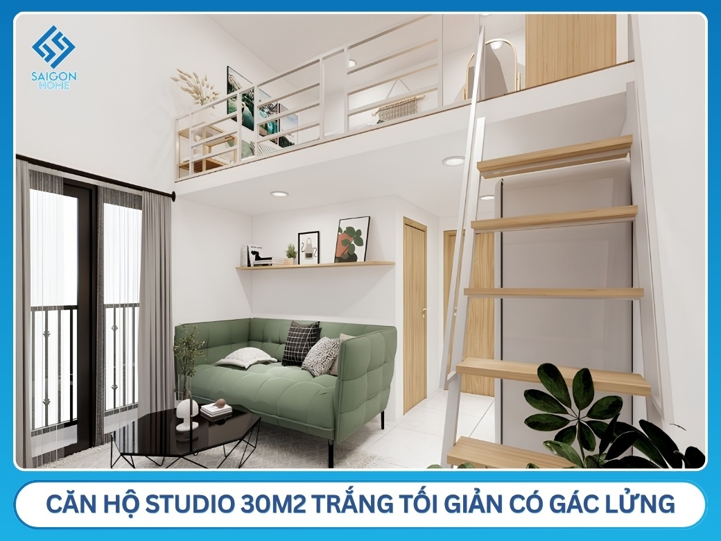 Căn hộ studio 30m2 trắng tối giản có gác lửng