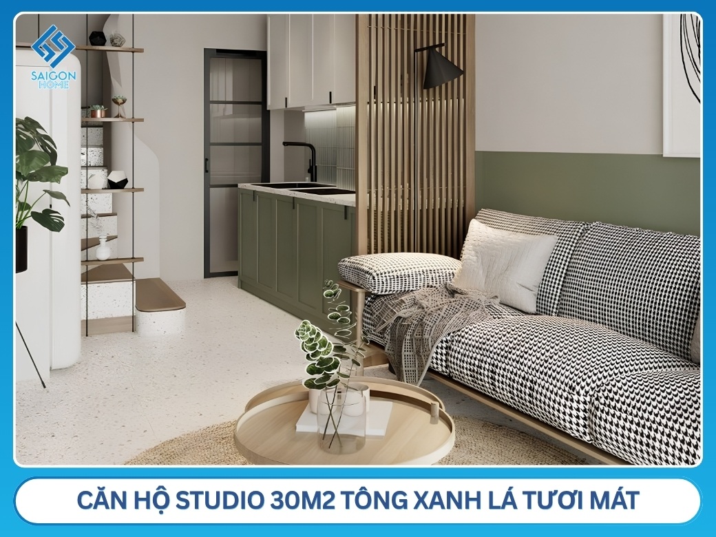 Căn hộ studio 30m2 tông xanh lá tươi mát