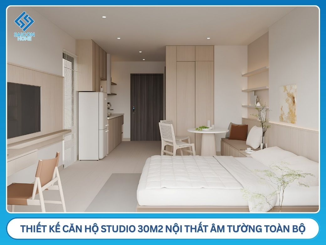 Thiết kế căn hộ studio 30m2 nội thất âm tường toàn bộ