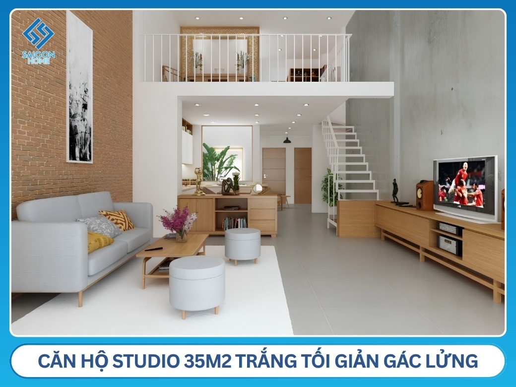 Căn hộ studio 35m2 trắng tối giản gác lửng