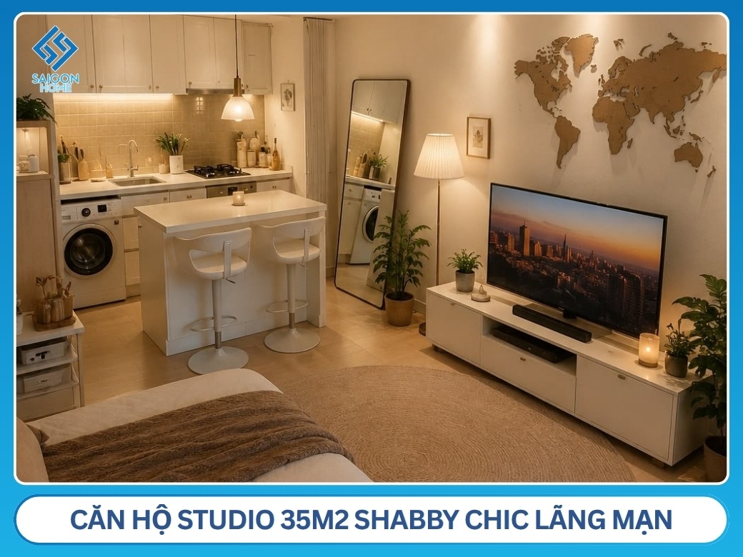 Thiết kế căn hộ studio 35m2 Shabby Chic lãng mạn