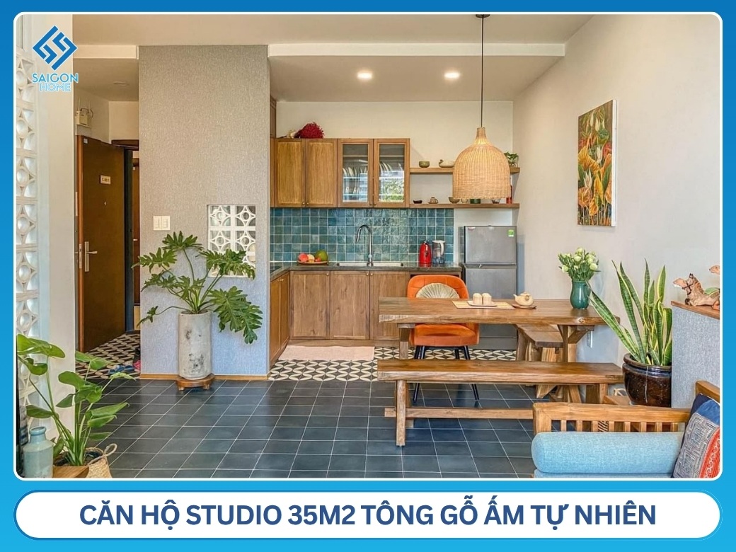 Thiết kế căn hộ studio 35m2 tông gỗ ấm tự nhiên