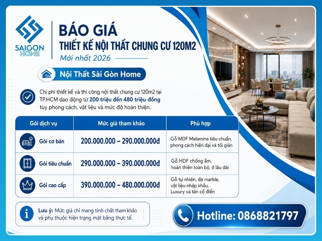 Báo giá thiết kế nội thất chung cư 120m2 mới nhất
