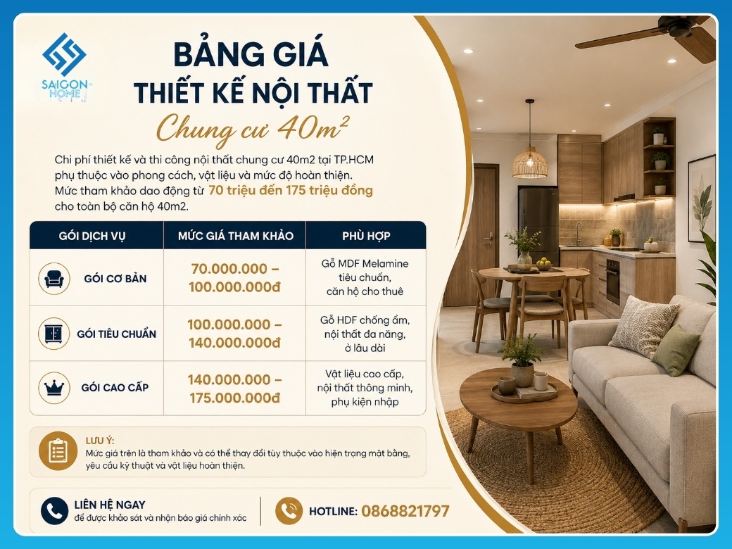 Bảng giá thiết kế nội thất chung cư 40m2 tại Nội Thất Sài Gòn Home