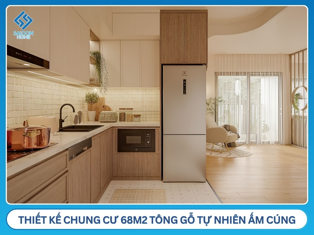 Thiết kế chung cư 68m2 tông gỗ tự nhiên ấm cúng