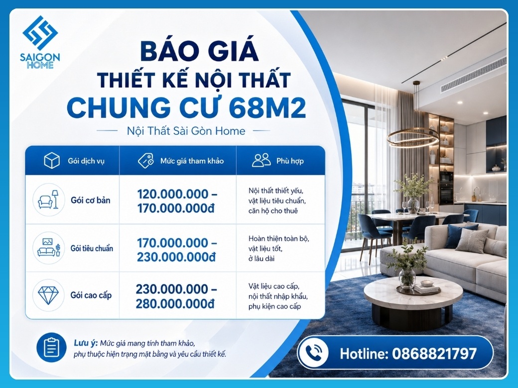 Báo giá thiết kế nội thất chung cư 68m2 mới nhất