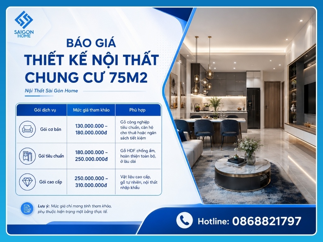 Báo giá thiết kế nội thất chung cư 75m2 tại Nội Thất Sài Gòn Home