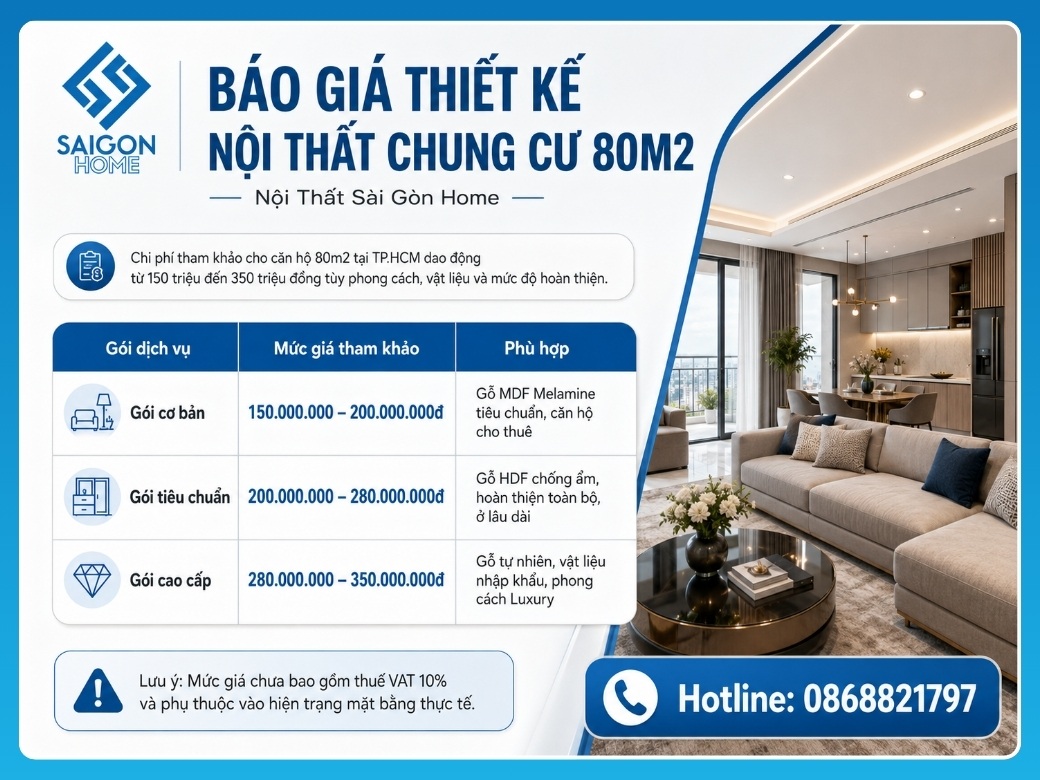 Báo giá thiết kế nội thất chung cư 80m2 mới nhất