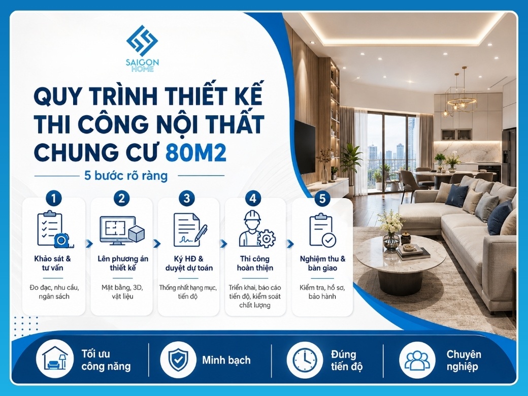 Quy trình 5 bước thiết kế thi công nội thất chung cư 80m2