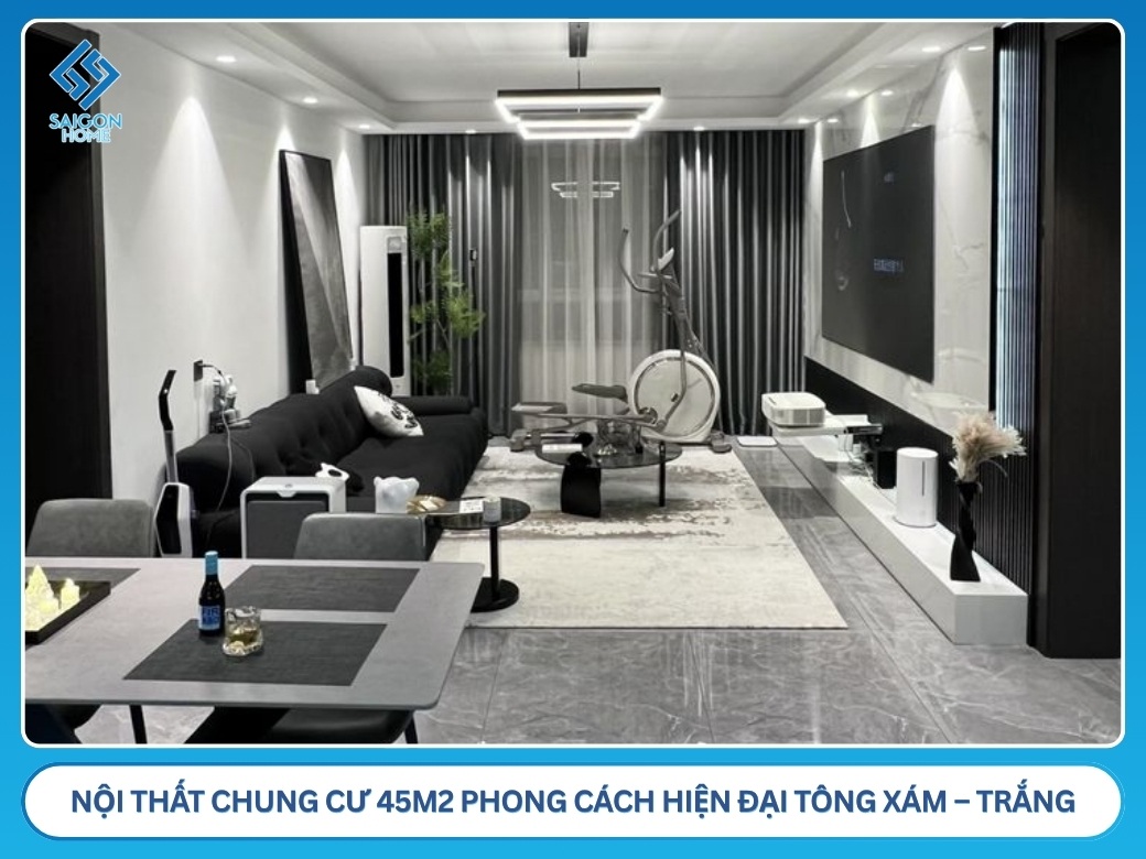 35+ mẫu thiết kế nội thất chung cư 45m2 đẹp TỐI ƯU không gian Nội thất chung cư 45m2 phong cách hiện đại tông xám – trắng