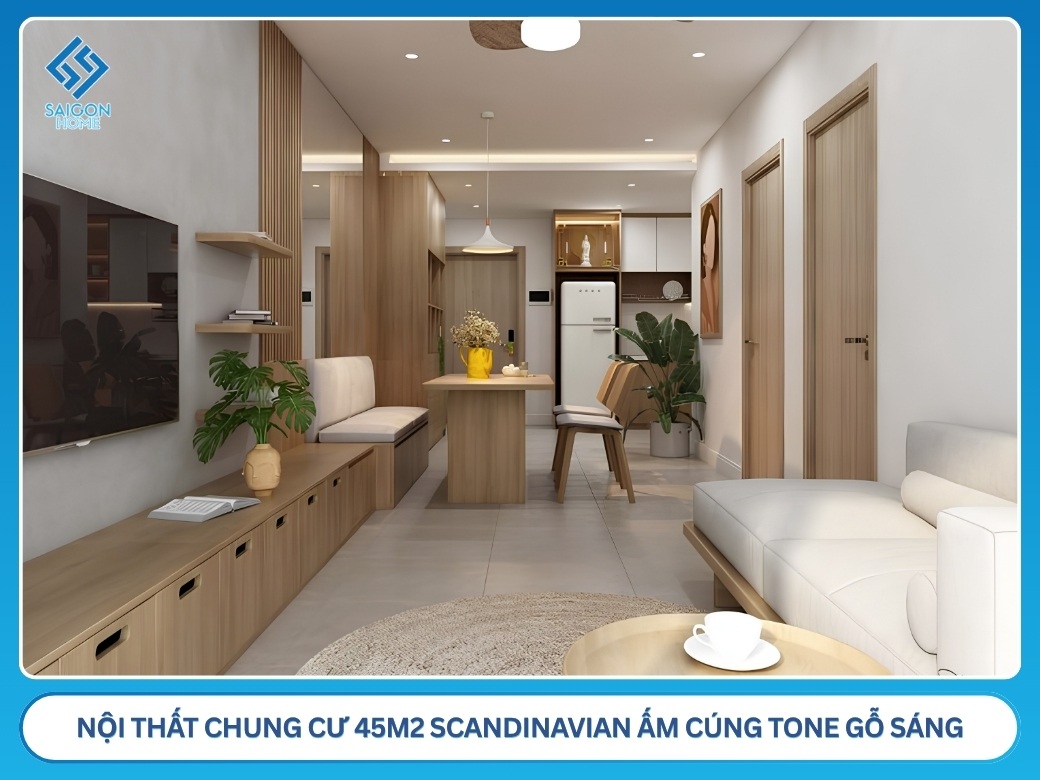 35+ mẫu thiết kế nội thất chung cư 45m2 đẹp TỐI ƯU không gian Nội thất chung cư 45m2 Scandinavian ấm cúng tone gỗ sáng