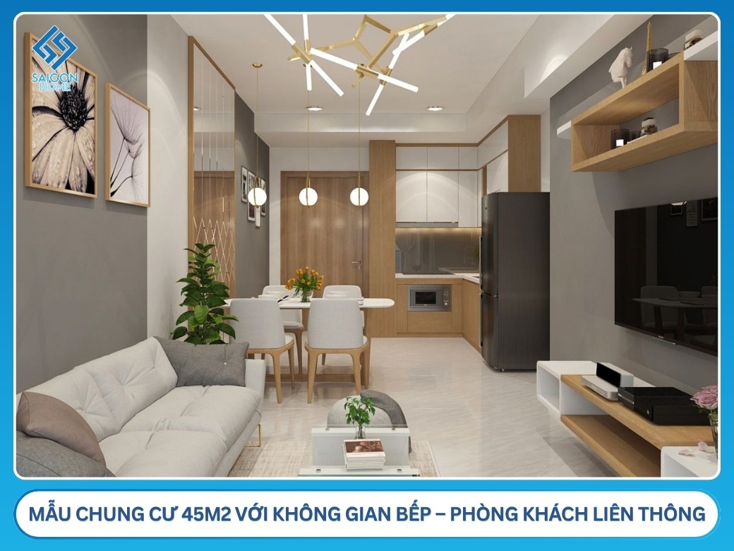 35+ mẫu thiết kế nội thất chung cư 45m2 đẹp TỐI ƯU không gian Mẫu chung cư 45m2 đương đại mở với không gian bếp – phòng khách liên thông