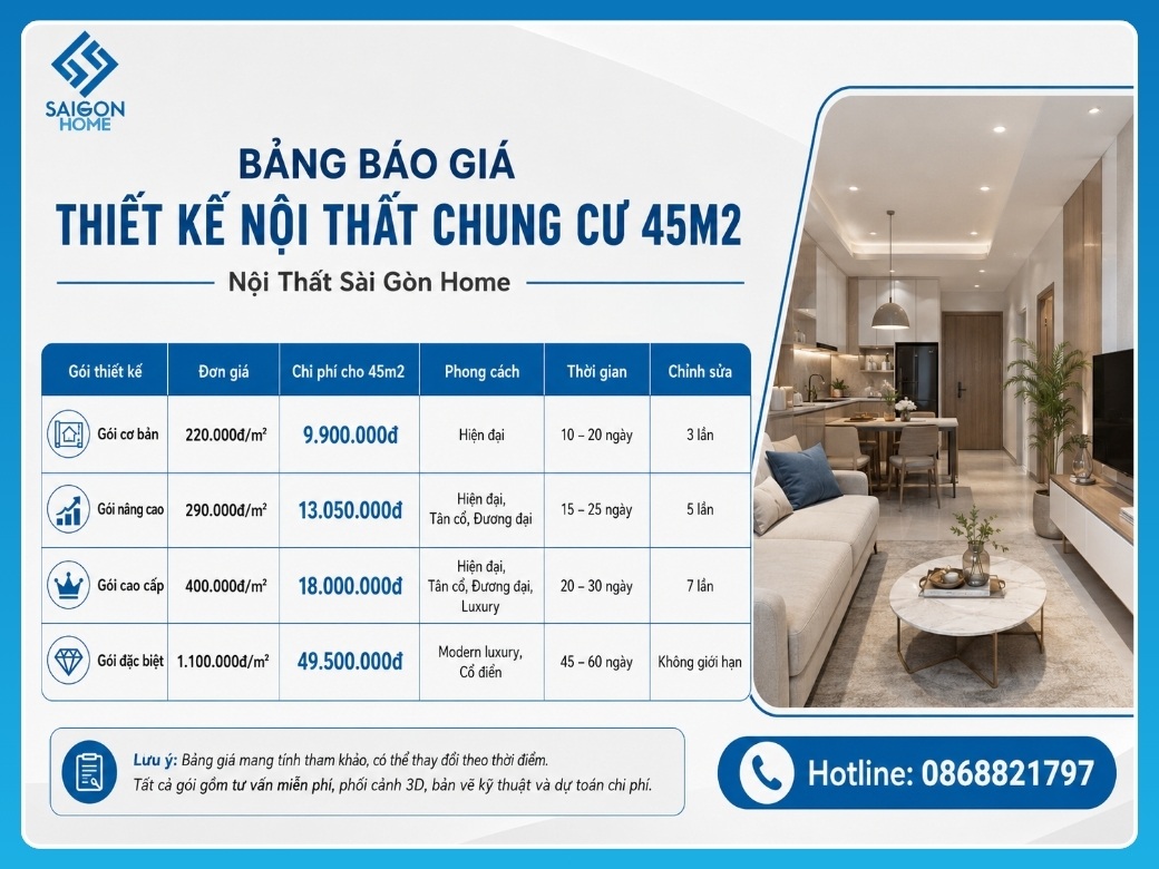 35+ mẫu thiết kế nội thất chung cư 45m2 đẹp TỐI ƯU không gian Bảng báo giá thiết kế nội thất chung cư 45m2