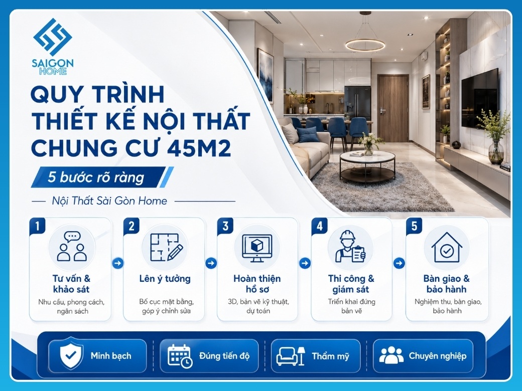 35+ mẫu thiết kế nội thất chung cư 45m2 đẹp TỐI ƯU không gian Quy trình thiết kế nội thất chung cư 45m2 tại Nội Thất Sài Gòn Home