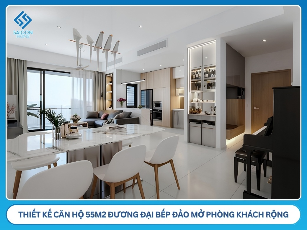 37+ mẫu thiết kế nội thất chung cư 55m2 hiện đại TỐI ƯU Thiết kế nội thất căn hộ 55m2 đương đại bếp đảo mở phòng khách rộng